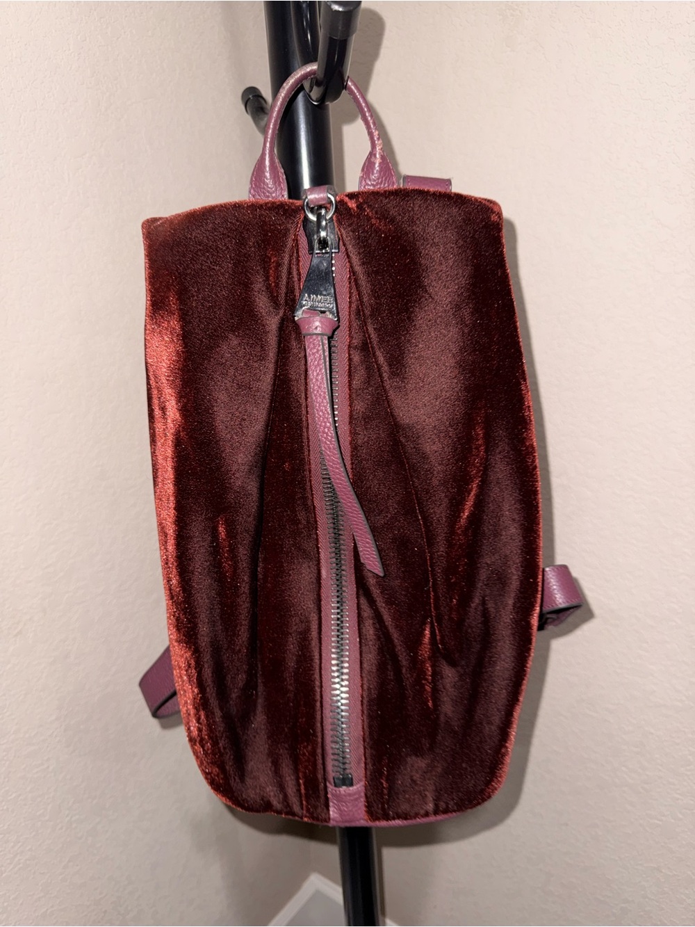 Aimee Kestenberg Burgundy Velvet Backpack with Pink Leather Trim